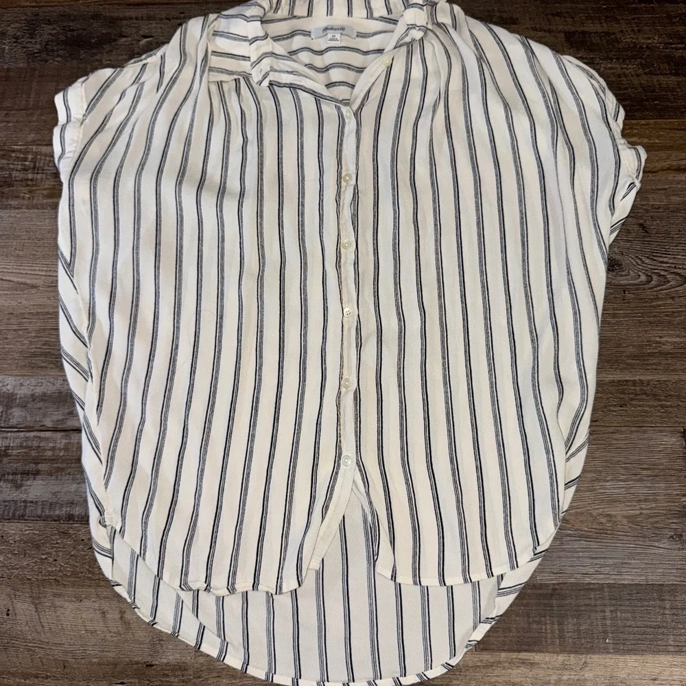 Madewell Striped Button Front Blouse Cream Black Short Sleeve Relaxed Fit XS - Picture 7 of 7